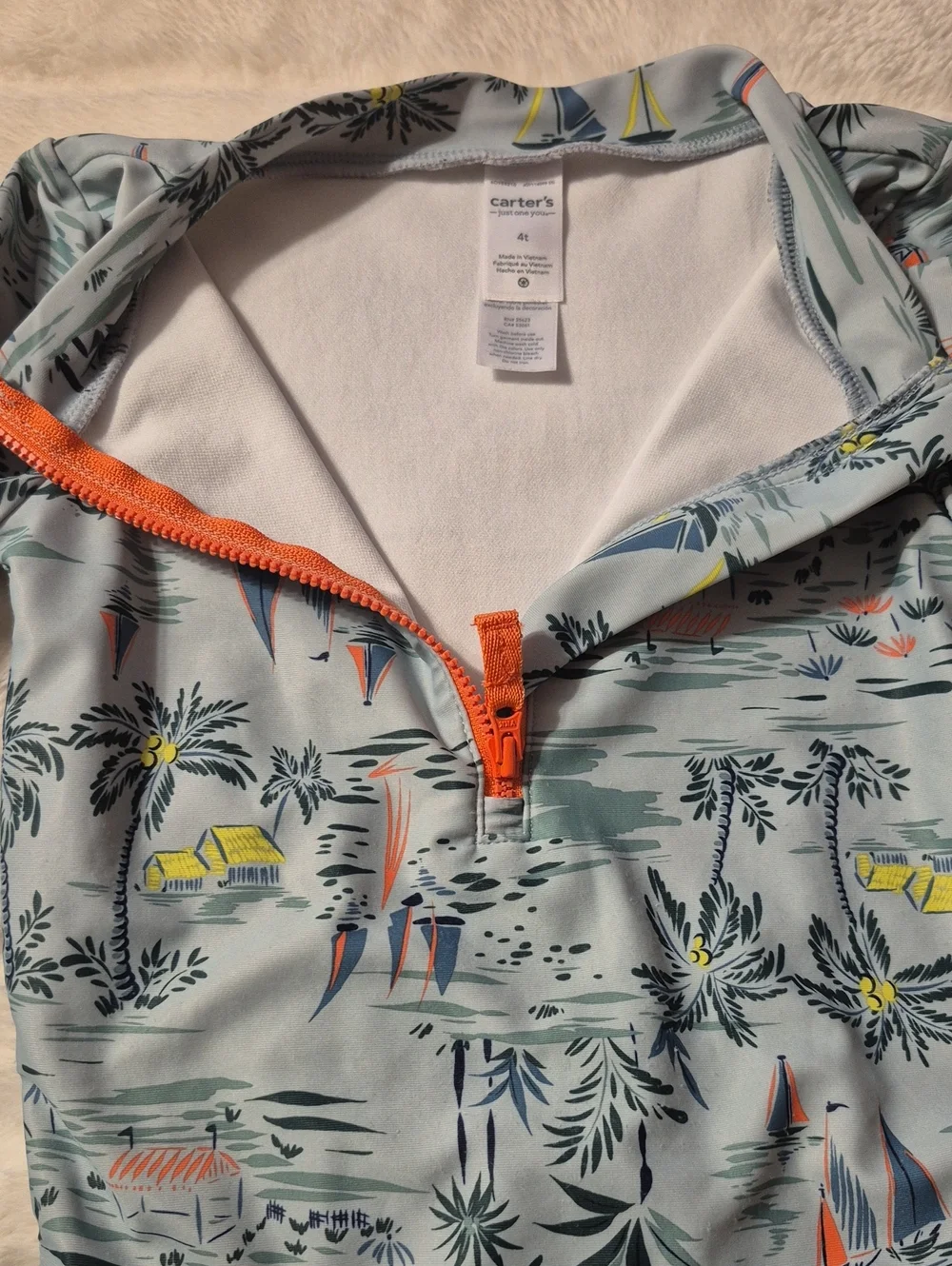 Carter's Light Blue Long-Sleeve Swim Suit with Orange Zip